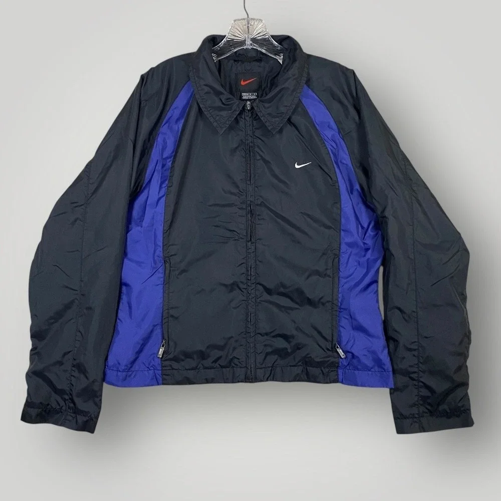 Nike Jacket womens Large Black Blue Full‎ Zip Windbreaker Mesh Lined Pockets 90s